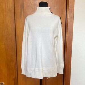 Anthropologie Cream Turtleneck Sweater Brown Buttons & Ribbed Details Preppy